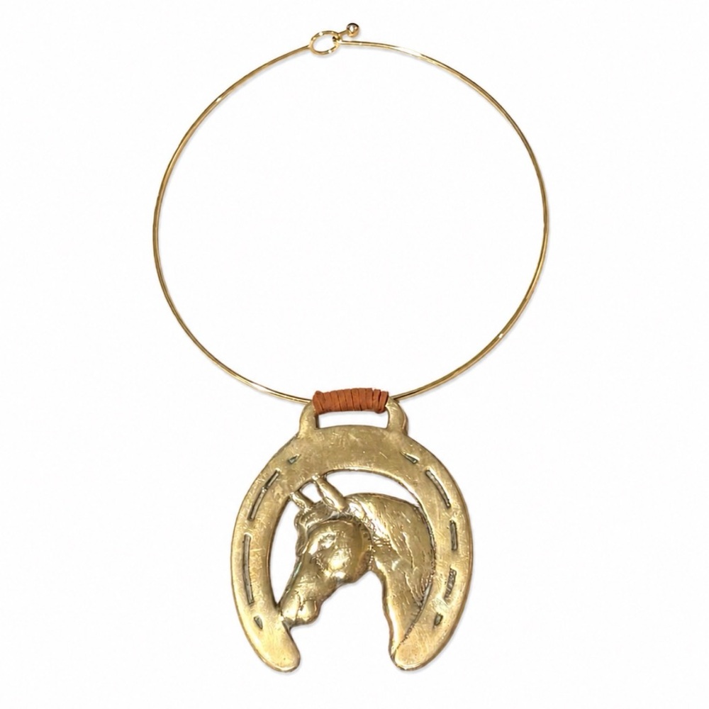 Gold Brass vintage English Horse medallion Necklace - Women Jewelry